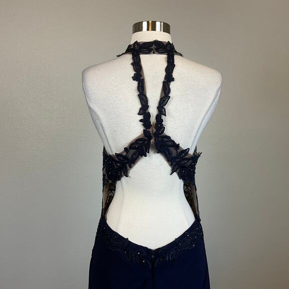 Avery G Beaded Lace Backless Long A-Line Evening Gown Blue Size 12 Formal Dress - Picture 6 of 10